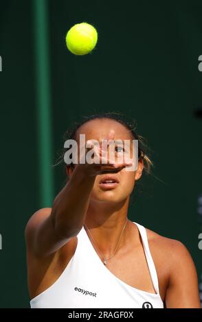 Wimbledon. Canada's Leylah Fernandez in action during her first round match against Katerina Baindl of, Ukraine. 03rd July, 2023. during opening day at Wimbledon. Credit: Adam Stoltman/Alamy Live News Stock Photo