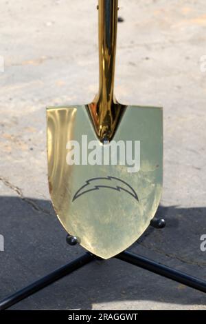 A commemorative shovel at the Los Angeles Chargers groundbreaking ceremony for headquarters and training facility, Wednesday, May 18, 2022, in El Segundo, Calif. Stock Photo