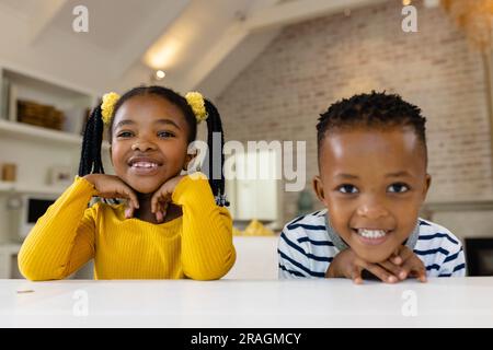 Happy african american sister and brother making video call at home Stock Photo