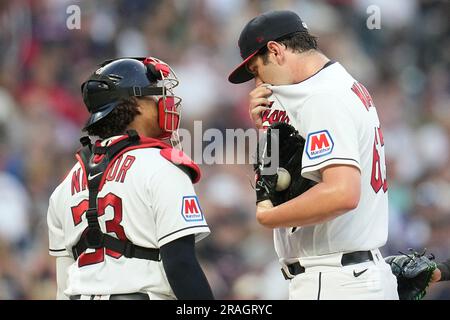 Cleveland Guardians' Josh Naylor looks on during the second inning of a  baseball game against the Miami Marlins, Sunday, April 23, 2023, in  Cleveland. (AP Photo/Nick Cammett Stock Photo - Alamy