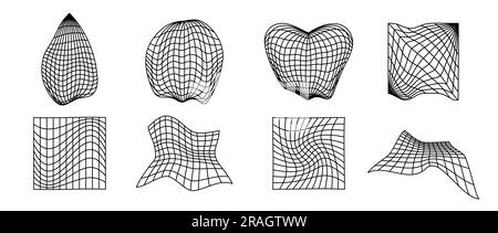 Distorted wireframe forms set. Different geometric surface grid shapes. Warped perspective planes and objects pack. Vector cube, sphere, heart, drop element bundle for poster, flyer, collage, template Stock Vector