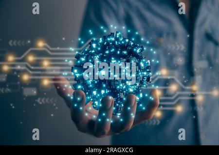 Hand of Man Hold Blue Sci-Fi Earth Globe or Orb AI Artificial Intelligence Brain System and Circuit Line. Innovation and Futuristic Science Technology Stock Photo