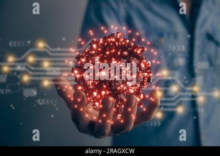 Hand of Man Hold Red Sci-Fi Earth Globe or Orb AI Artificial Intelligence Brain System and Circuit Line. Innovation and Futuristic Science Technology Stock Photo