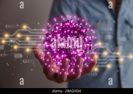 Hand of Man Hold Magenta Sci-Fi Earth Globe or Orb AI Artificial Intelligence Brain System and Circuit Line. Innovation and Futuristic Science Technol Stock Photo