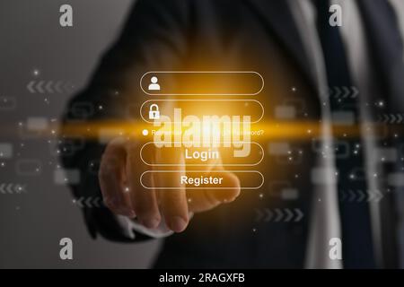 Businessman Hand Touching Username, Password Login and Register Interface. Online Security and Member Privacy Concept Stock Photo