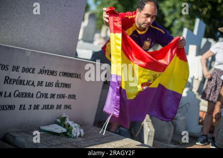 Madrid, Spain. 03rd July, 2023. A participant holds a flag of the ...