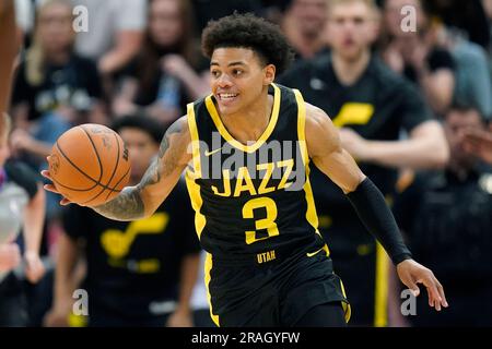 Utah Jazz guard Keyonte George (3) brings the ball up court in the