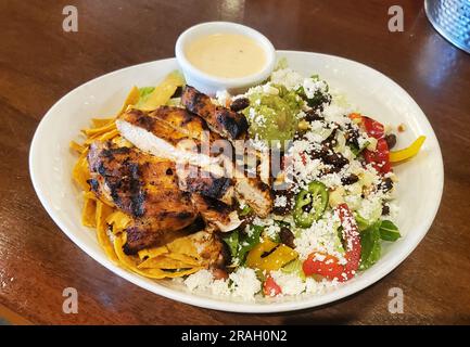 Southwestern Grilled chicken salad with lettuce, guacamole, crispy tortilla strips, serrano peppers, corn, black beans and chipotle ranch dressing on Stock Photo