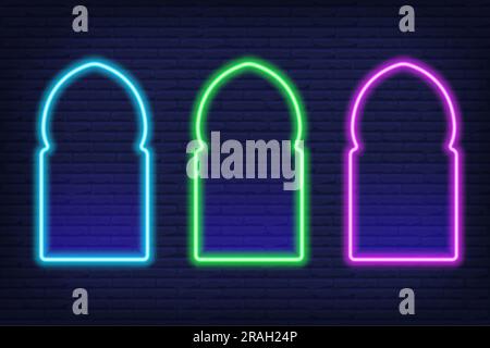 Ramadan islamic frame. Vector neon arch shape on dark background. Muslim door and window. Arabian bright template set. Stock Vector