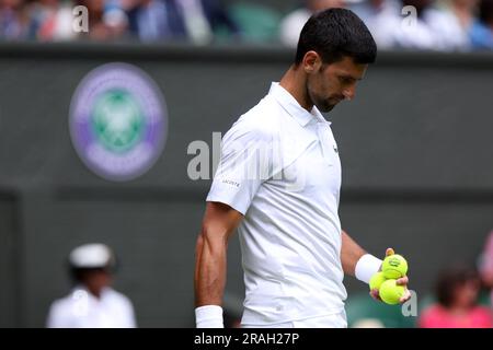 3rd July 2023; All England Lawn Tennis and Croquet Club, London, England: Wimbledon Tennis Tournament; Novak Djokovic during his match with Pedro Cachin Stock Photo