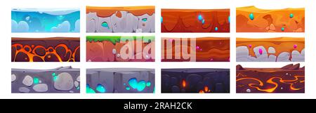 Cartoon set of seamless ground textures. Vector illustration of game level platforms, underground cross sections with different soil layers, ice, water, sand, clay, grass, stone, gravel, gemstones Stock Vector