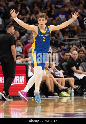 Sacramento, CA, USA. 3rd July, 2023. Golden State Warriors Brandin Podziemski reacts during the California Classic Summer League at Golden 1 Center Monday, July 3, 2023 in Sacramento. (Credit Image: © Paul Kitagaki Jr./ZUMA Press Wire) EDITORIAL USAGE ONLY! Not for Commercial USAGE! Stock Photo