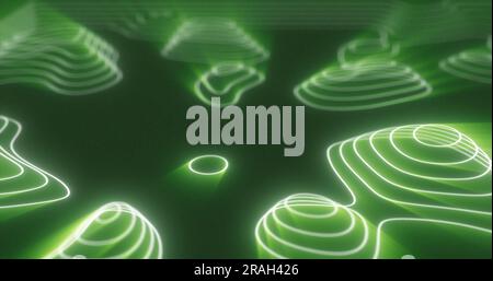 Abstract green futuristic hi-tech landscape with mountains and canyons from glowing energy circles and magic lines background. Stock Photo