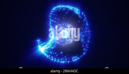 Abstract sphere atom with electrons flying glowing bright particles and ...