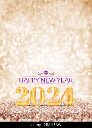 happy new year 2024 3d rendering gold color on gold glitter background Stock Photo