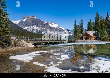 A partially thawed Emerald Lake in Yoho National Park, British Columbia, Canada. Stock Photo