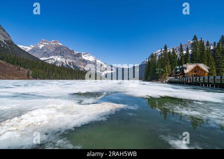 A partially thawed Emerald Lake in Yoho National Park, British Columbia, Canada. Stock Photo