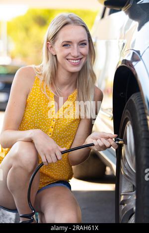 Woman Inflating Car Tyre By Mechanical Foot Air Pump She Does It Herself  Feets In Sandals On The Side Of The Road Stock Photo - Download Image Now -  iStock
