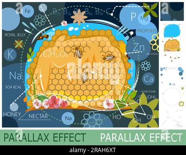 Honeycomb. benefits and composition of bee honey. set of slides create parallax image layer. Cartoon style. Isolated on white background. Vector. Stock Vector