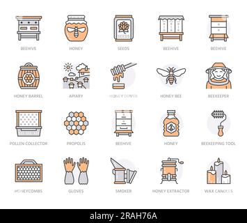 Beekeeping, apiculture line icons. Beekeeper equipment, honey processing, honeybee, beehives types, natural. Bee garden thin linear signs for organic Stock Vector