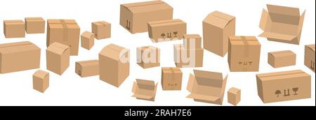Cardboard closed brown box with scotch tape and labels seamless pattern. Delivery cargo box with fragile care sign symbol, handling with care, protect Stock Vector