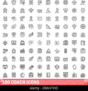 100 coach icons set. Outline illustration of 100 coach icons vector set isolated on white background Stock Vector