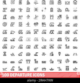 100 departure icons set. Outline illustration of 100 departure icons vector set isolated on white background Stock Vector