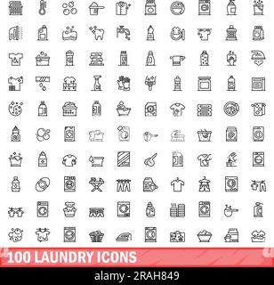 100 laundry icons set. Outline illustration of 100 laundry icons vector set isolated on white background Stock Vector
