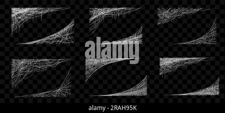 Halloween cobweb frames and corners. Spiderweb vector borders of scary horror night holiday with white spider web and net threads. Spooky gothic Halloween cobweb frames set on transparent background Stock Vector