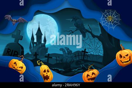 Halloween paper cut midnight castle and cemetery landscape. Vector horror holiday pumpkins, spooky bat and spider. 3d layered papercut frame with creepy moon, haunted house, zombie hand, moon and web Stock Vector