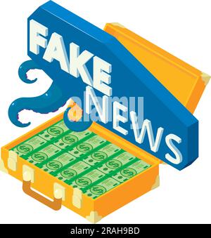 Fake news icon isometric vector. Fake news lettering on open money suitcase icon. Funding, media, television Stock Vector