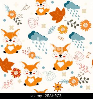 Bright seamless autumn pattern with autumn elements fox, pumpkin, flowers and decor. For printing on fabric, wrapping material, paper, for background Stock Vector