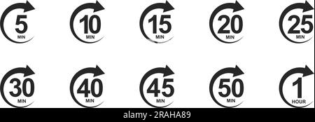 Set of minutes icons with circle arrows. Stopwatch symbol. 5, 10, 15, 20, 25, 30, 40, 45, 50 min countdawn signs. Sport or cooking timers isolated on white background. Vector graphic illustration Stock Vector
