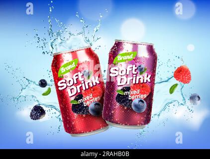 Wild berries tea drink can and splash. Vector refreshing combination of blueberry, raspberry, and blackberry flavors come together, creating a burst of cool fruity goodness that invigorates the senses Stock Vector