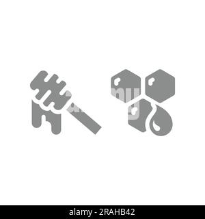 Honeycomb, honey dipper black vector icons. Wooden honey spoon and drops filled vector icon set. Stock Vector