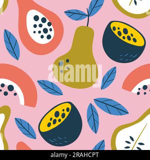 Passion fruit seamless pattern. Square repeat pattern, with passion fruit, papaya, pear and fruit slices. Abstract colorful composition. Flat vector d Stock Vector