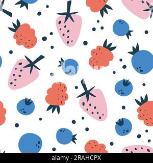 Berries fruit seamless pattern. Square repeat pattern, with strawberries, raspberries and blueberries. Abstract colorful composition. Flat vector desi Stock Vector