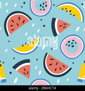 Watermelon fruit seamless pattern. Square repeat pattern, with melon and watermelon slices. Abstract colorful composition. Flat vector design pattern. Stock Vector