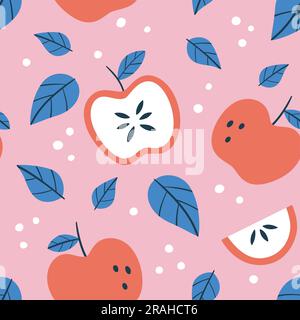 Apple fruit seamless pattern. Square repeat pattern, with apples and leaves. Pink and blue composition. Flat vector design pattern. Stock Vector