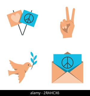 Pacifism and peace flat icon set. Dove of peace, V gesture symbols. Vector illustration. Stock Vector