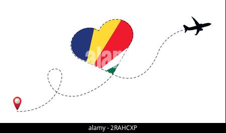 Airplane flight route with Seychelles flag inside the heart. Stock Vector