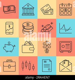 Finance and money icon set in thin line style. Banking and investment activities symbols. Vector illustration. Stock Vector