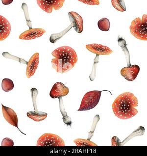 Fly agaric watercolor seamless pattern with red amanita muscaria leaves on white. Forest illustration with mushrooms Stock Photo
