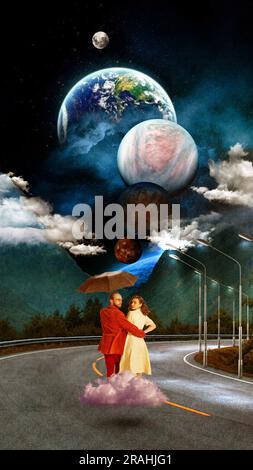 Contemporary art collage. Man in red suit walking with scary young woman to unknown dark place. Sky filled with giant planets Stock Photo