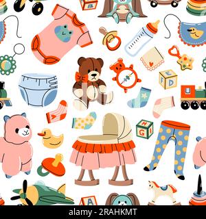 Baby supplies seamless pattern. Cartoon nursery accessories, repeated kids objects, toys and diapers, sliders and cradle. Kids clothes decor textile Stock Vector