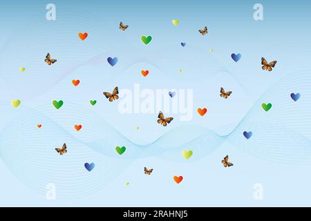 Monarch butterflies and colorful fantasy hearts in harmony on blue and pink waves on light blue background - useful for designers and every detail mod Stock Photo