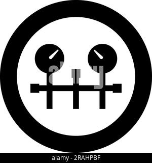 Pressure gauge and pipes manometer pressure meter or vacuum gauge icon in circle round black color vector illustration image solid outline style Stock Vector