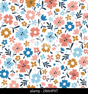 Seasonal flowers seamless pattern. Repeat pattern with lovely flowers on white background. Square design. Vector illustration. Stock Vector