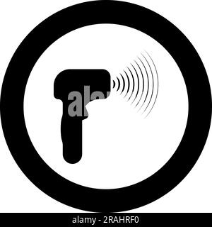 Emitter of waves electron gun manual thermometer forehead infrared device for measuring temperature non-contact contactless digital icon in circle Stock Vector