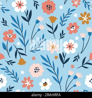 Cute floral seamless pattern with abstract flowers and twigs. Repeat floral pattern on light blue background. Square design. Vector illustration. Stock Vector